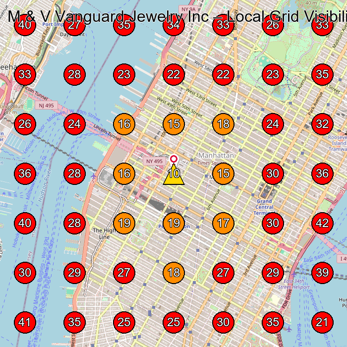 M & V Vanguard Jewelry Inc GeoGrid visibility map for Jewelry Store in New York